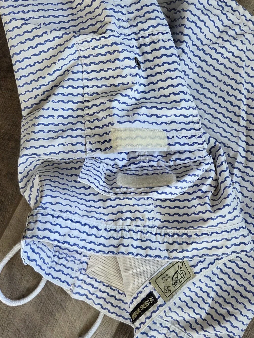 J. Crew White Swim Trunks with Blue Wave Stripe, Size 33